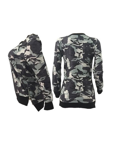 New Camouflage Zipper High-Low Long Sleeve Round Neck Casual Sweatshirt