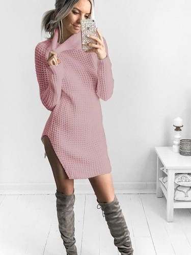 New Pink Irregular Polo Neck Long Sleeve Casual Cardigan Sweater