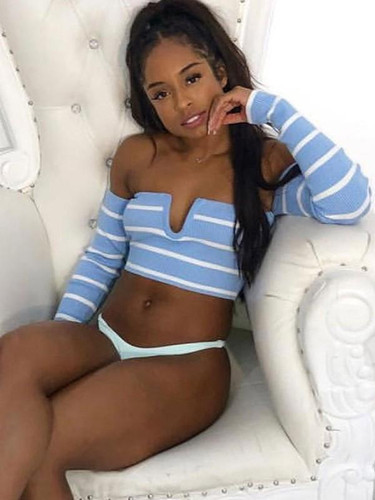 New Blue Striped Print V-neck Long Sleeve Fashion Pullover Sweater