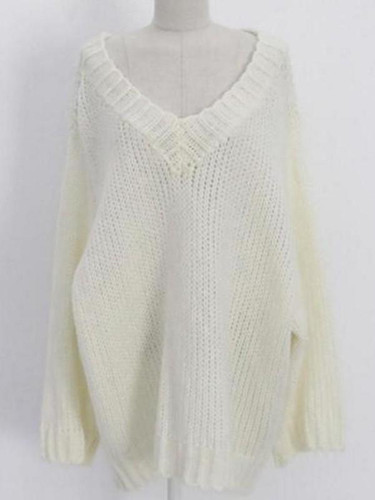 New White V-neck Long Sleeve Oversized Casual Pullover Sweater