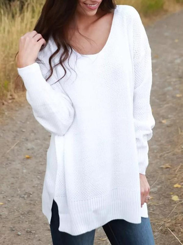 New White Slit V-neck Long Sleeve Casual Oversize Pullover Sweater