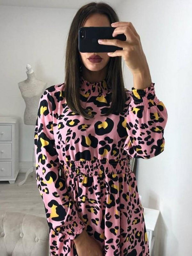 New Pink Leopard Print Band Collar Long Sleeve Fashion Mini Dress New Pink Leopard Print Band Collar Long Sleeve Fashion Mini Dress