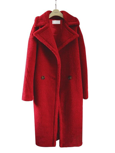 Red Faux Fur Pockets Buttons Turndown Collar Long Sleeve Coat