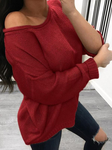 Burgundy One Off Shoulder Long Sleeve Casual Sweaters Pullover
