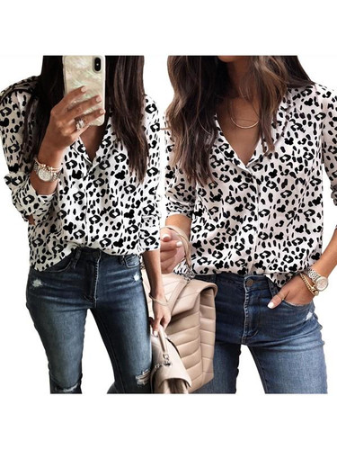 White Black Leopard Print Single Breasted Long Sleeve Blouse