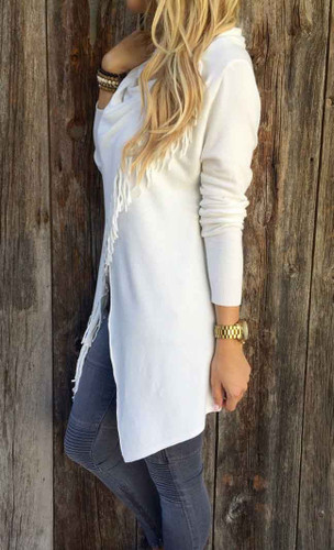 Gray Single Button Tassel Asymmetrical Hem Shawl Cardigan