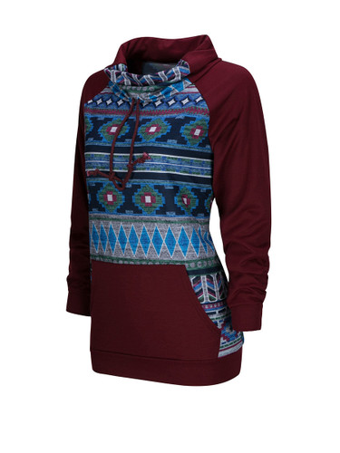 Casual Turtleneck Kangaroo Pocket Geometric Sweatshirt