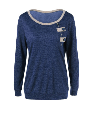 Casual Round Neck Contrast Trim Zips Sweatshirt