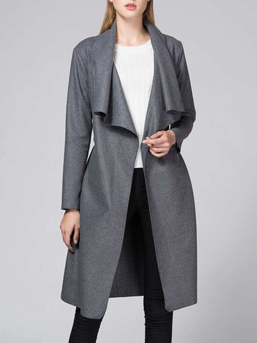 Casual Lapel Removable Tie Plain Woolen Wrap Coat