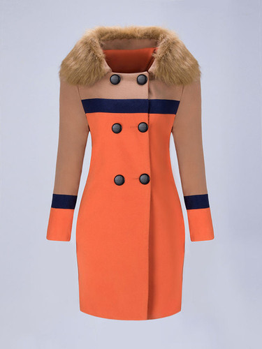 Casual Faux Fur Collar Double Breasted Color Block Woolen Coat
