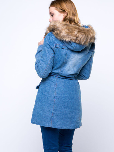 Casual Denim Hooded Drawstring Flap Pocket Light Wash Coat