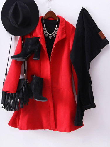 Casual Band Collar Longline Plain Woolen Coat