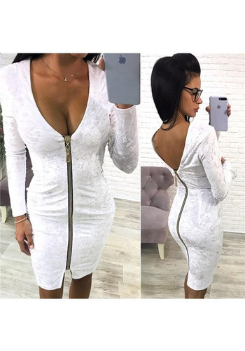 White Zipper Long Sleeve Fashion Midi Dress