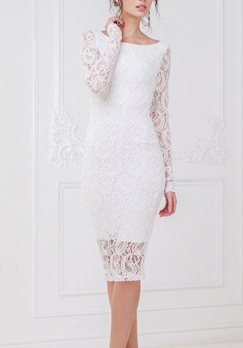 White Patchwork Lace Round Neck Long Sleeve Midi Dress