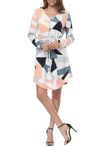 White Geometric Pattern Sashes High Waisted Long Sleeve Casual Midi Dress