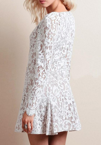 Casual White Floral Pleated Lace Cut Out Long Sleeve Mini Dress