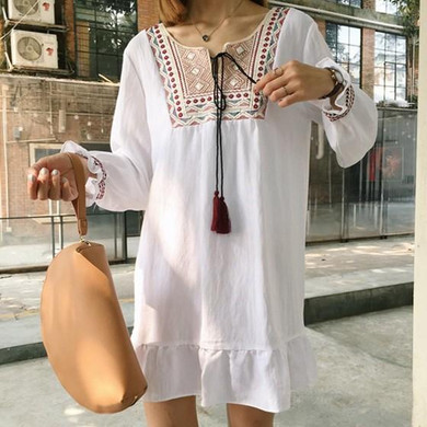 Casual White Floral Embroidery Ruffle V-neck Long Sleeve Mini Dress Casual White Floral Embroidery Ruffle V-neck Long Sleeve Mini Dress