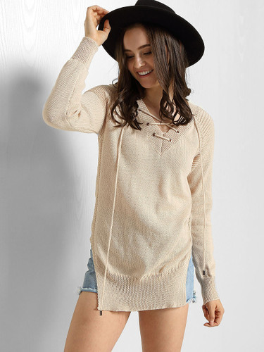 Casual V Neck Lace-Up Side-Vented Plain Sweater