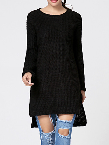 Casual Round Neck Plain Side-vented Dip Hem Sweater