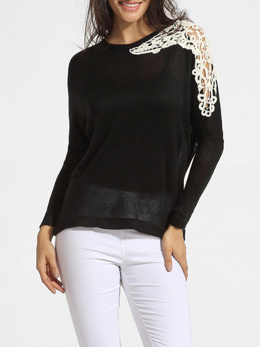 Casual Round Neck Decorative Lace Patchwork Sweater