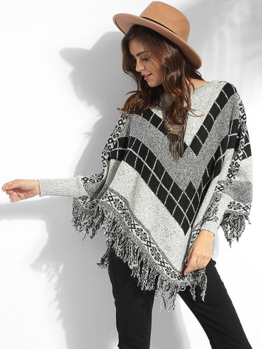 Casual Rough Selvedge Round Neck Knit Color Block Plaid Sweater