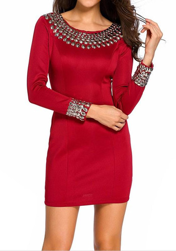 Casual Red Plain Sequin Round Neck Long Sleeve Mini Dress