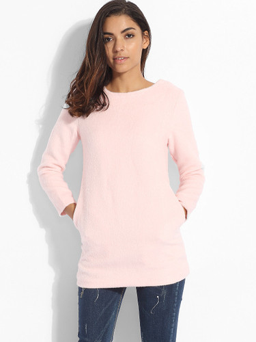 Casual Pockets Round Neck Knit Plain Sweater