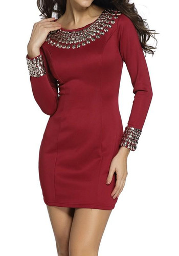 Casual New Women Plain Sequin Round Neck Long Sleeve Mini Dress