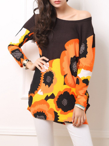 Casual Loose One Shoulder Color Block Floral Long Sleeve T-Shirt