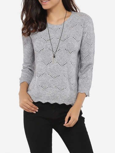 Casual Loose Fitting Round Neck Knit Hollow Out Plain Sweater