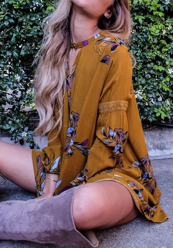 Khaki Floral Cut Out Round Neck Long Sleeve Mini Dress