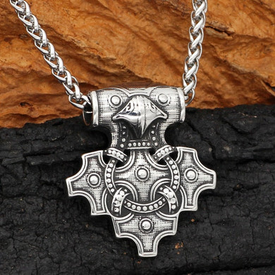 Odin's Raven Artistic Thor Hammer Stainless Steel Pendant 24" Silver Necklace Odin's Raven Artistic Thor Hammer Stainless Steel Pendant 24" Silver Necklace