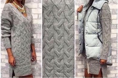 Grey Plain Plunging Neckline Long Sleeve Mini Dress