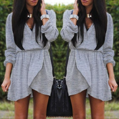 Grey Plain Irregular Pleated V-neck Long Sleeve Mini Dress