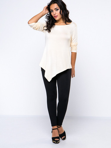 Casual Exquisite Round Neck Asymmetrical Hems Plain Long Sleeve T-Shirt