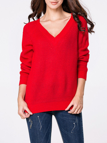 Casual Deep V-Neck Loose Fitting Plain Sweater Casual Deep V-Neck Loose Fitting Plain Sweater