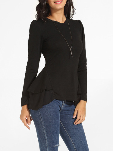 Casual Crew Neck Plain Cotton Long Sleeve T-shirt
