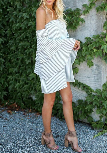 Casual Blue-White Striped Draped Irregular Boat Neck Long Sleeve Mini Dress