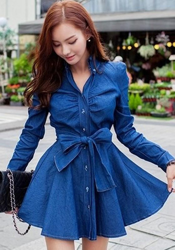 Casual Blue Plain Pleated Belt Single Breasted Turndown Collar Long Sleeve Denim Dress