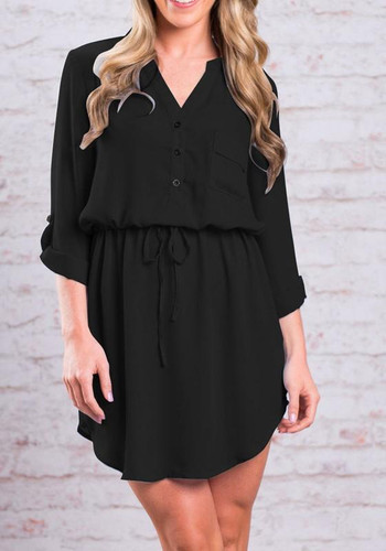 Casual Black Plain Irregular Drawstring V-neck Long Sleeve Casual Mini Dress