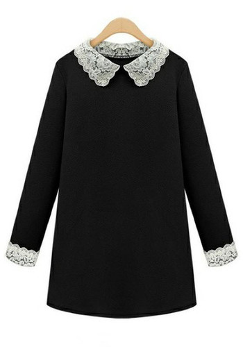 Casual Black Patchwork Lace Pleated Zipper Peter Pan Collar Long Sleeve Mini Dress