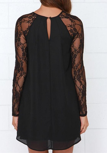 Casual Black Patchwork Lace Draped A-line Long Sleeve Mini Dress