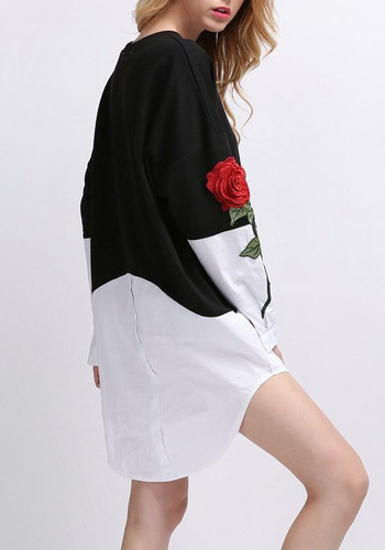 Casual Black Patchwork Irregular Buttons Round Neck Long Sleeve Mini Dress