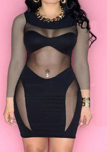Casual Black Patchwork Grenadine See-through Long Sleeve Bodycon Club Mini Dress