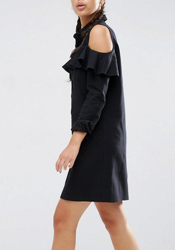 Casual Black Irregular Ruffle Buttons Turndown Collar Long Sleeve Casual Mini Dress