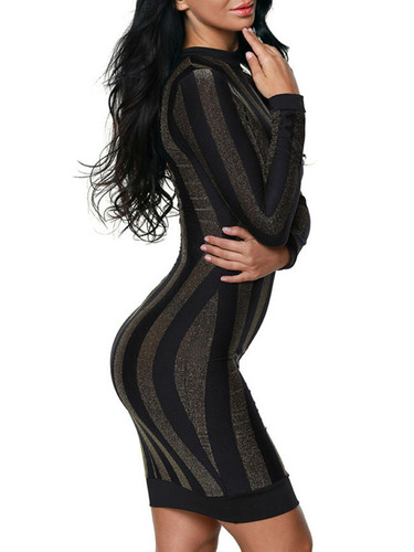 Casual Band Collar Vertical Striped Long Sleeve Bodycon Dress Casual Band Collar Vertical Striped Long Sleeve Bodycon Dress