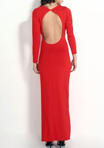 Red Side Slit Backless Plunging Neckline Long Sleeve Fashion Maxi Dress