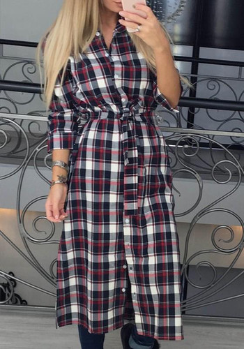 Red Plaid Print Sashes Buttons Long Sleeve Turndown Collar Casual Midi Dress