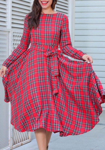Red Plaid Belt Draped Round Neck Long Sleeve Vintage Midi Dress