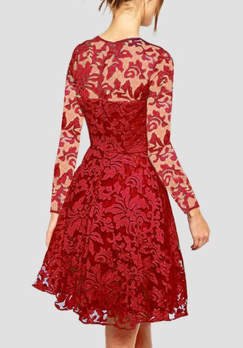 Red Patchwork Lace Round Neck Long Sleeve Prom Evening Party Midi Dress